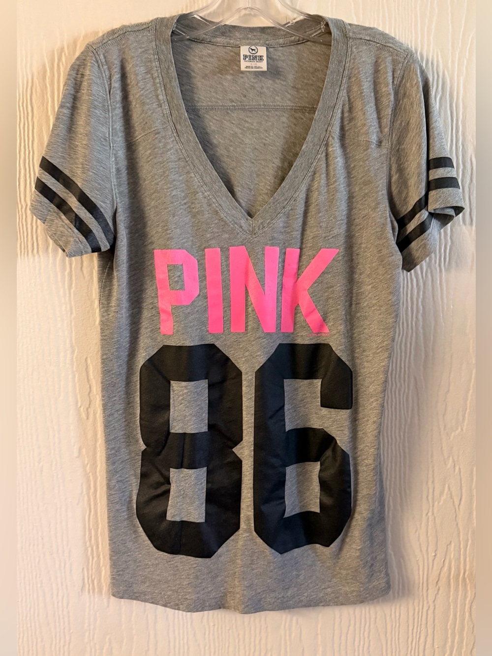 PINK Victoria's Secret Gray V-Neck Tee with Hot Pink Logo & Black Number